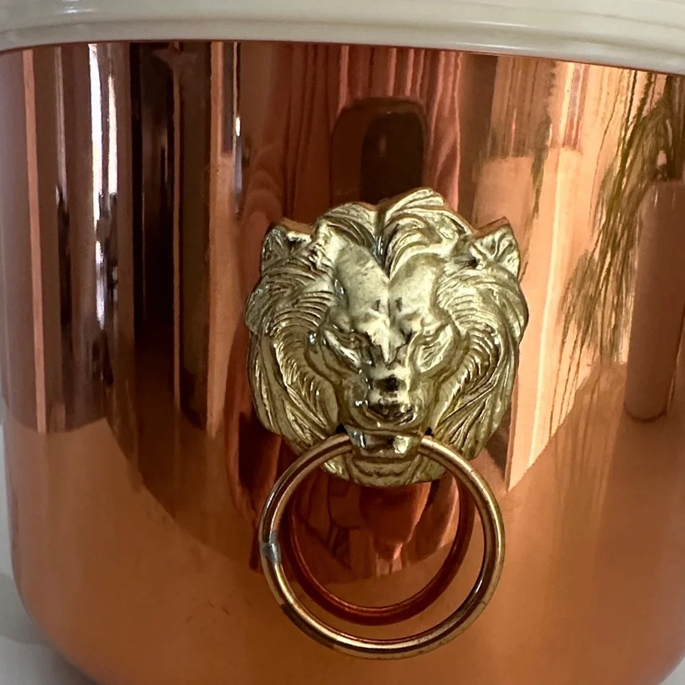 vintage Copper Ice Bucket with Gold brass lion head ring handles black knob lid